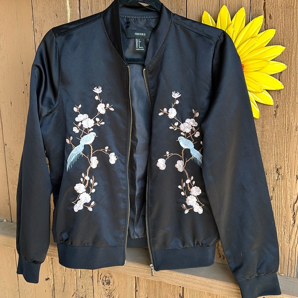 Forever 21 Black Satin Bomber Jacket with Floral Embroidery